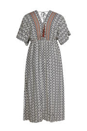 thumbnail: Zwarte dames Miss Etam Plus maxi jurk van viscose met korte mouwen, V-hals en striksluiting