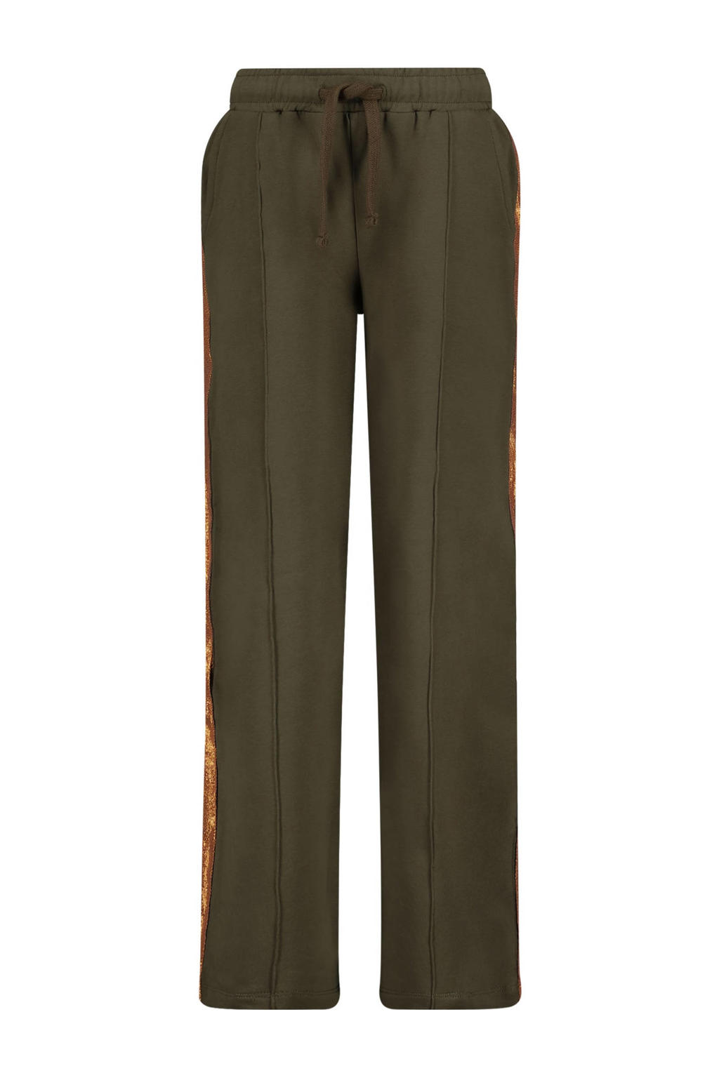 Donkergroene meisjes Quapi x Monique Smit regular casual broek van sweat materiaal met elastische tailleband met koord en effen