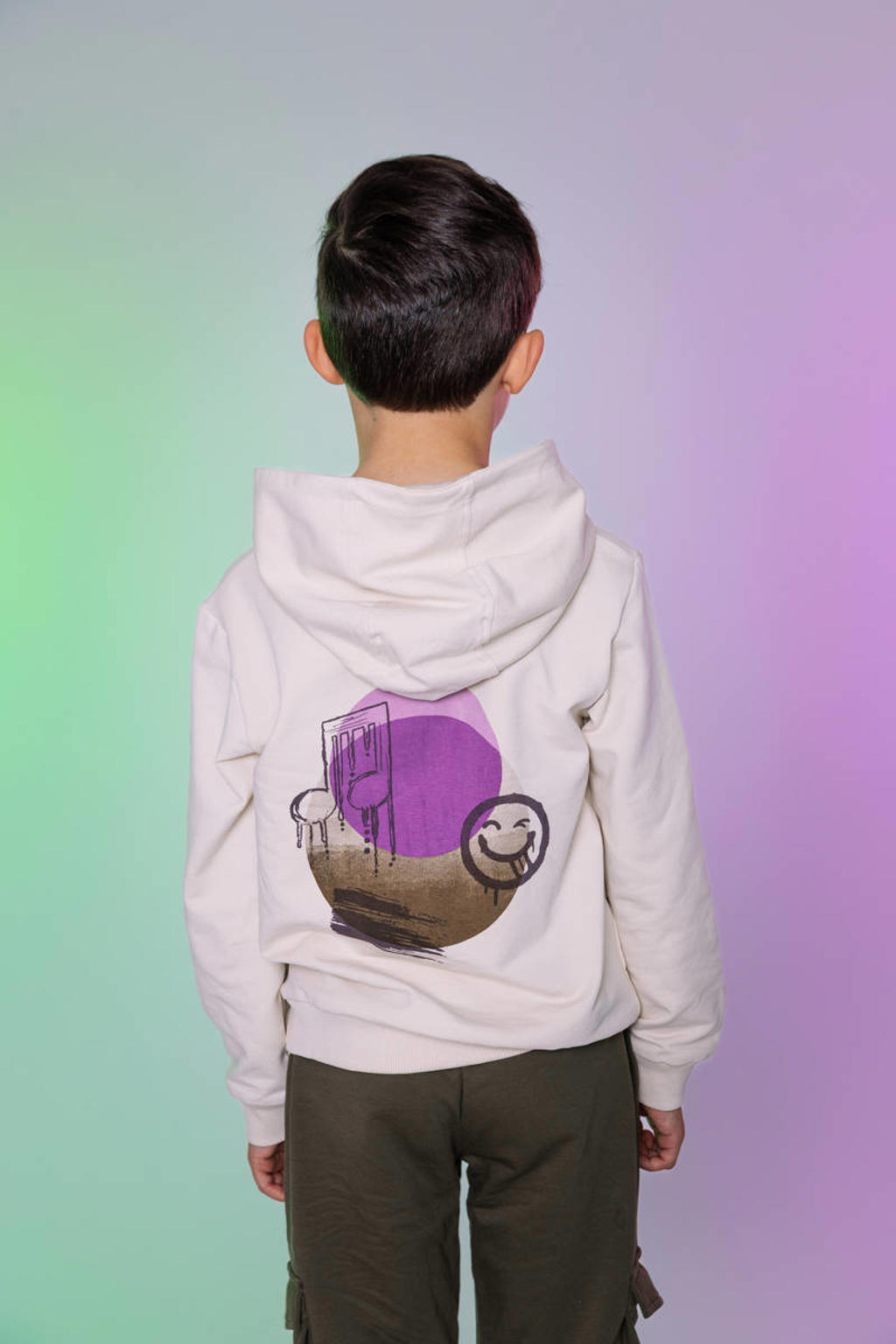 Ecru jongens Quapi x Monique Smit hoodie van katoen met backprint, lange mouwen en capuchon