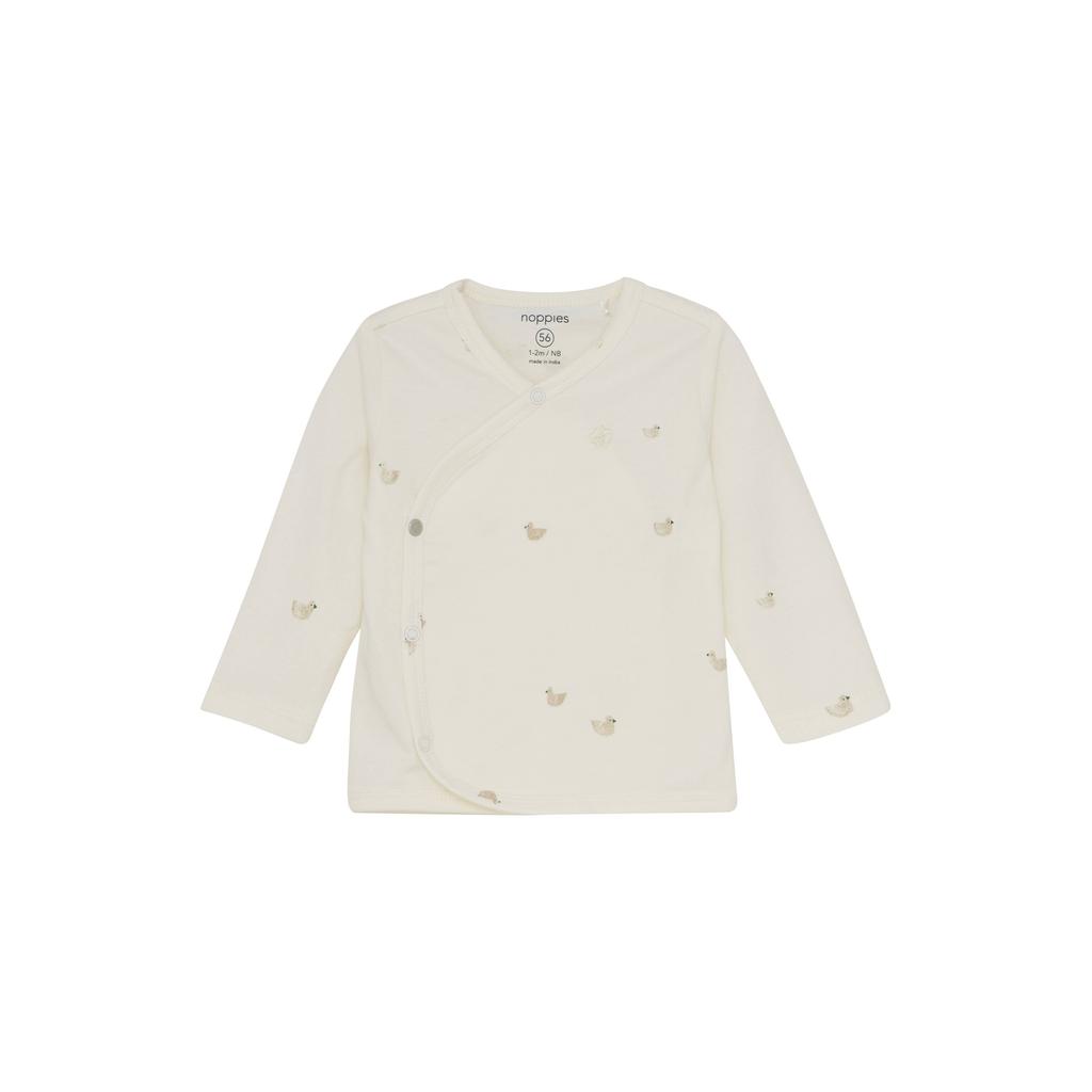 Ecru en beige jongens en meisjes Noppies baby longsleeve van stretchkatoen met lange mouwen, V-hals, drukknoopsluiting en omslagdetail