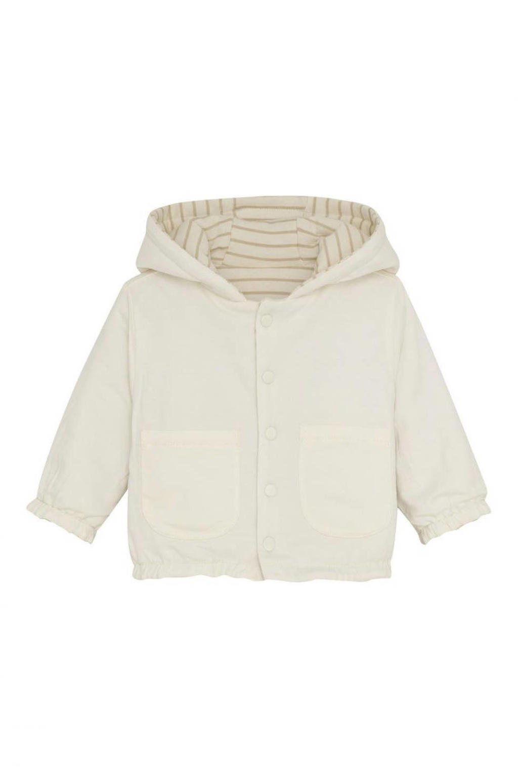 Ecru en beige jongens en meisjes Noppies baby gestreepte sweatvest van stretchkatoen met lange mouwen, capuchon, drukknoopsluiting en geribde boorden