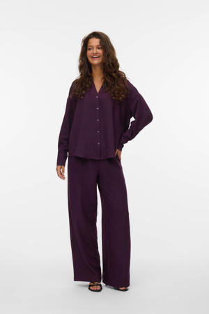 wide leg high waist casual broek donkerpaars