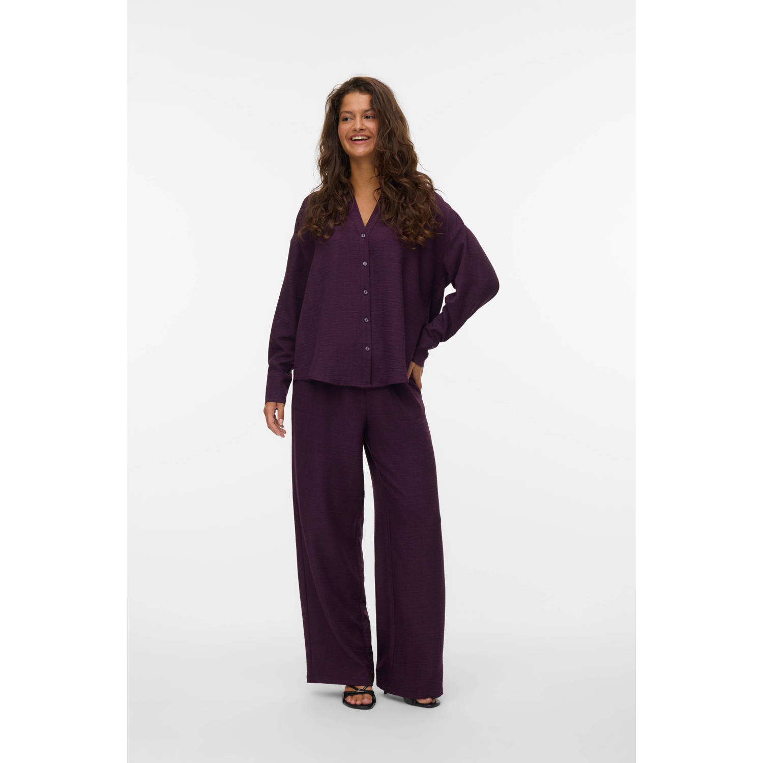 VERO MODA wide leg high waist casual broek donkerpaars