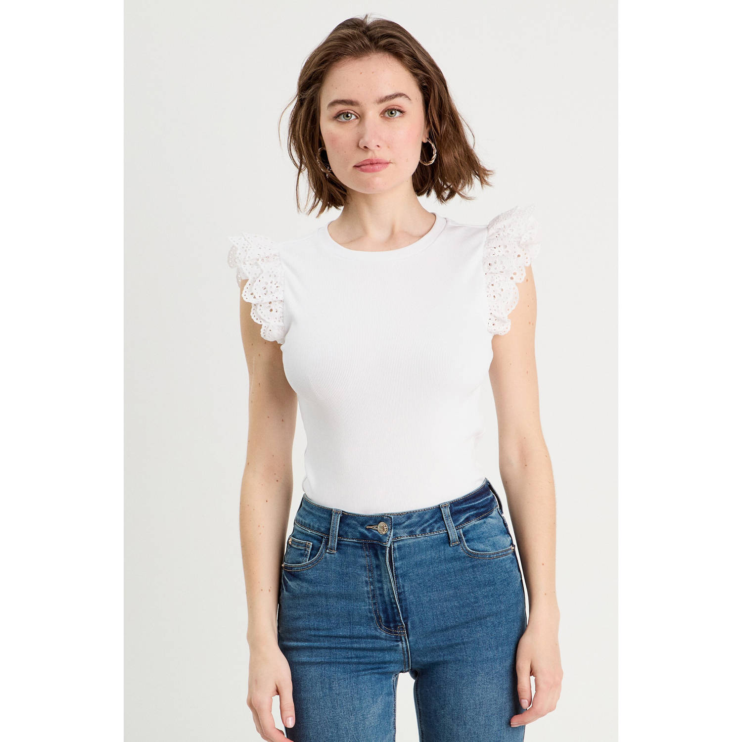 Cache mouwloze top wit broderie