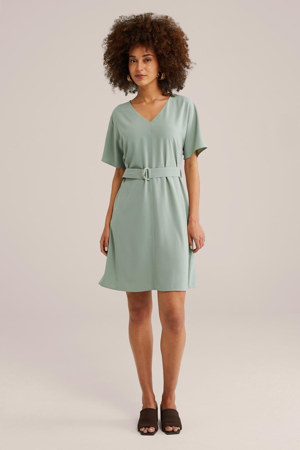 Lichtgroene dames WE Fashion jurk van polyester met effen, korte mouwen en V-hals