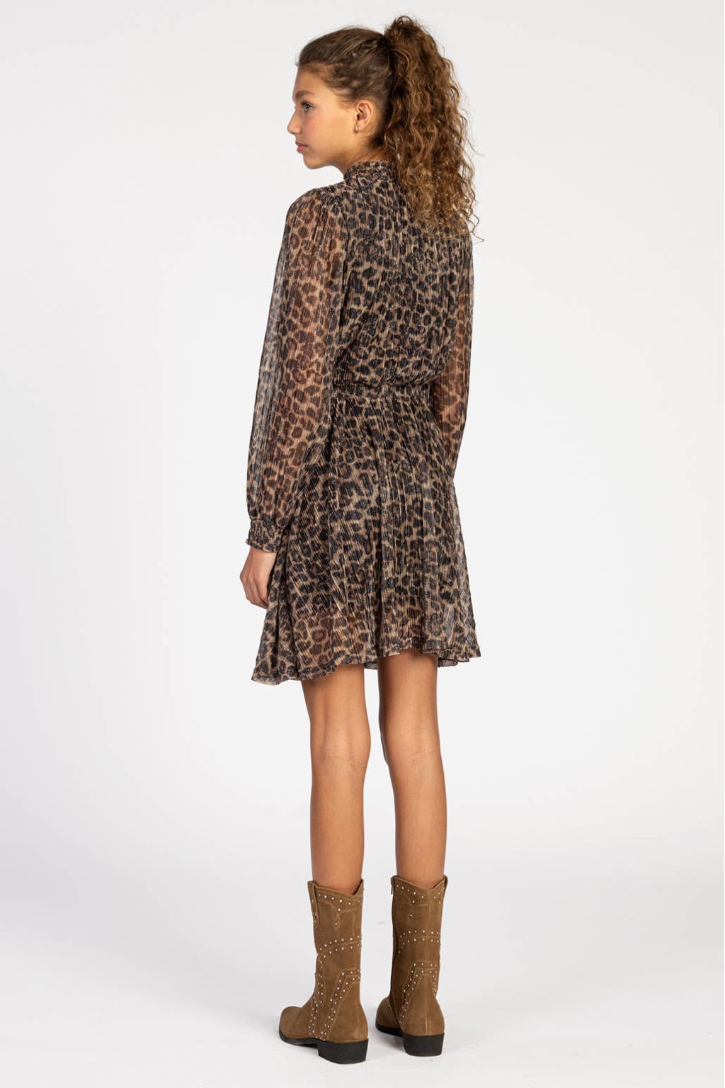 Bruin en zwarte meisjes AI&KO korte jurk van polyester met dierenprint, lange mouwen en choker hals