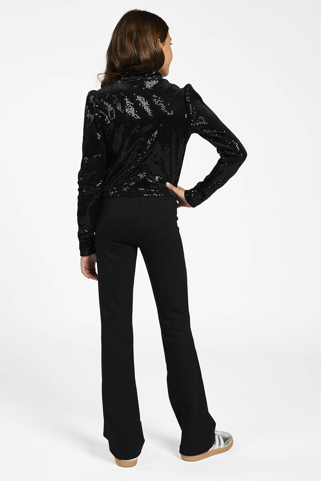 Zwarte meisjes AI&KO casual broek van viscose met elastische tailleband en effen