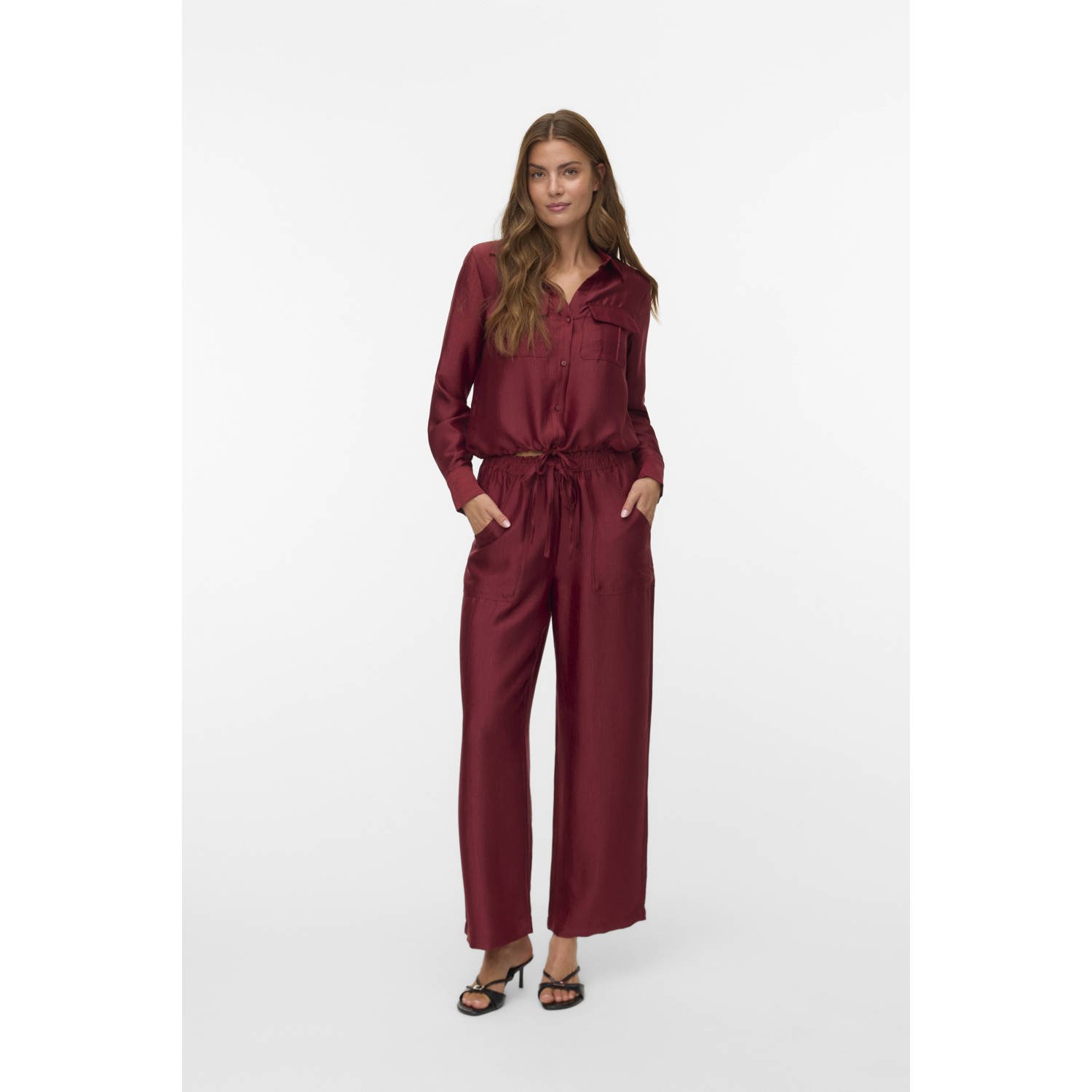 VERO MODA straight high waist casual broek donkerrood