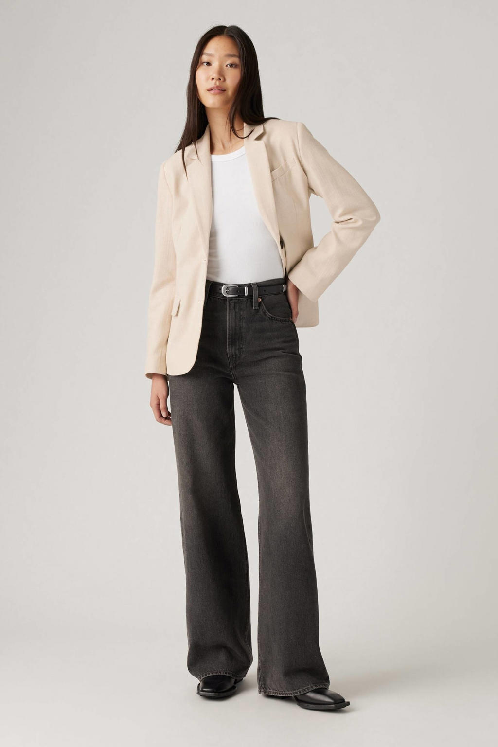 Black denim dames Levi's high waist wide leg jeans van denim met rits- en drukknoopsluiting en effen