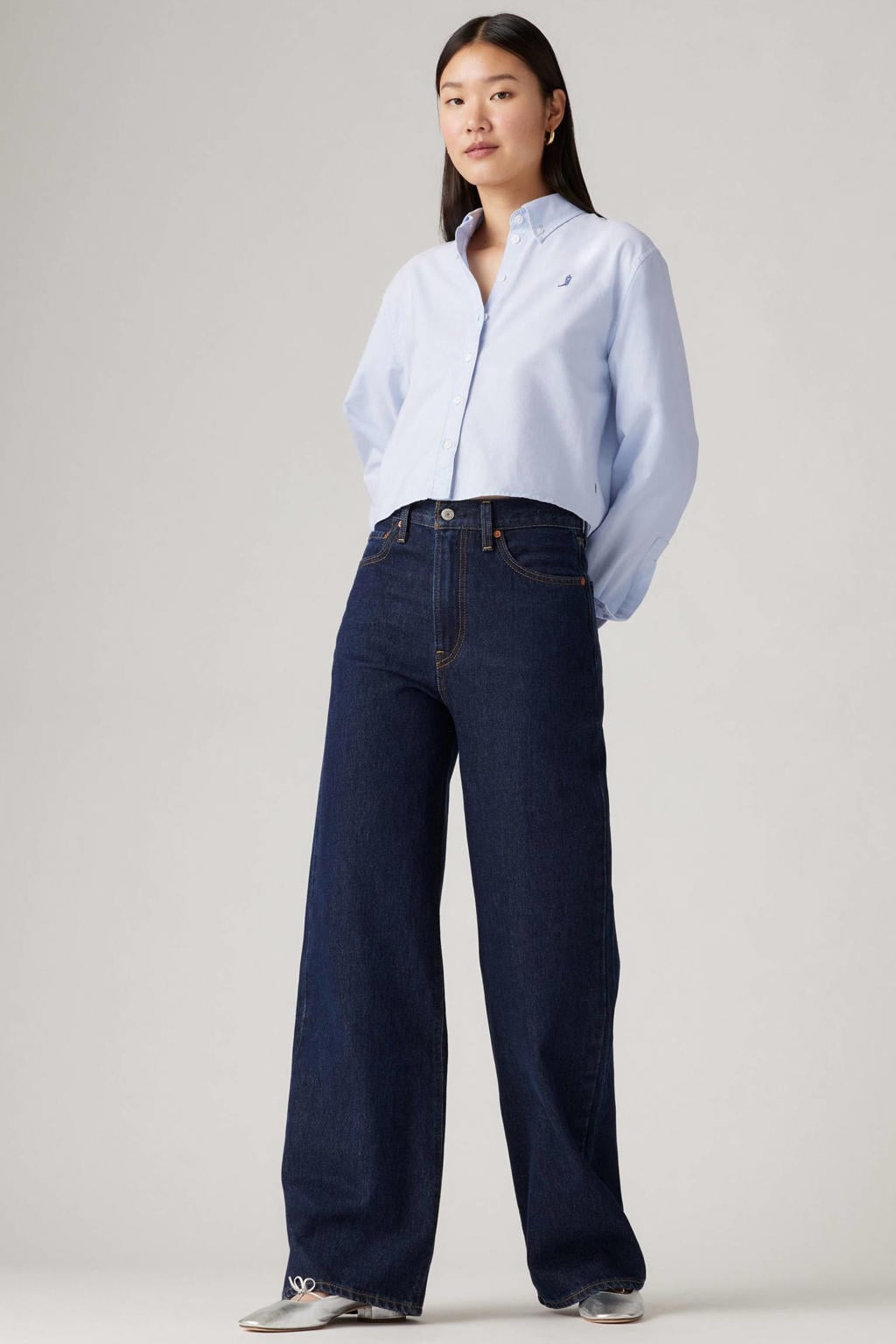 Dark blue denim dames Levi's high waist wide leg jeans van denim met rits- en drukknoopsluiting en effen