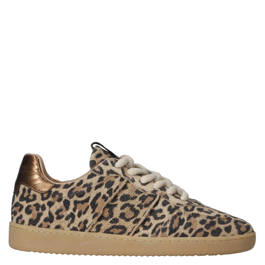 Beige en zwarte dames DWRS Poona suède sneakers ` met veters en panterprint