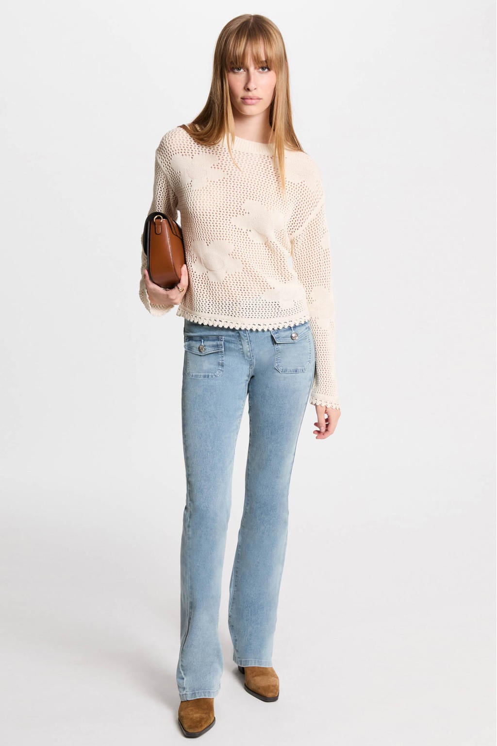 Light blue denim dames Morgan high waist bootcut jeans van denim met rits- en knoopsluiting en effen