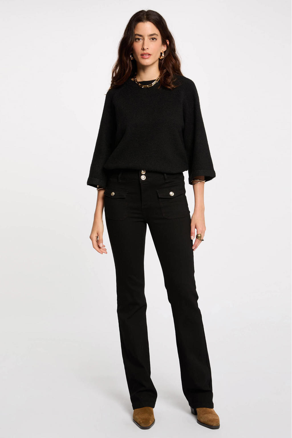 Zwarte dames Morgan bootcut jeans van denim met regular waist, rits- en knoopsluiting en effen
