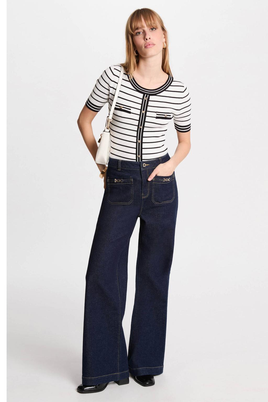 Dark blue denim dames Morgan high waist wide leg jeans dark blue van denim met rits- en knoopsluiting en effen