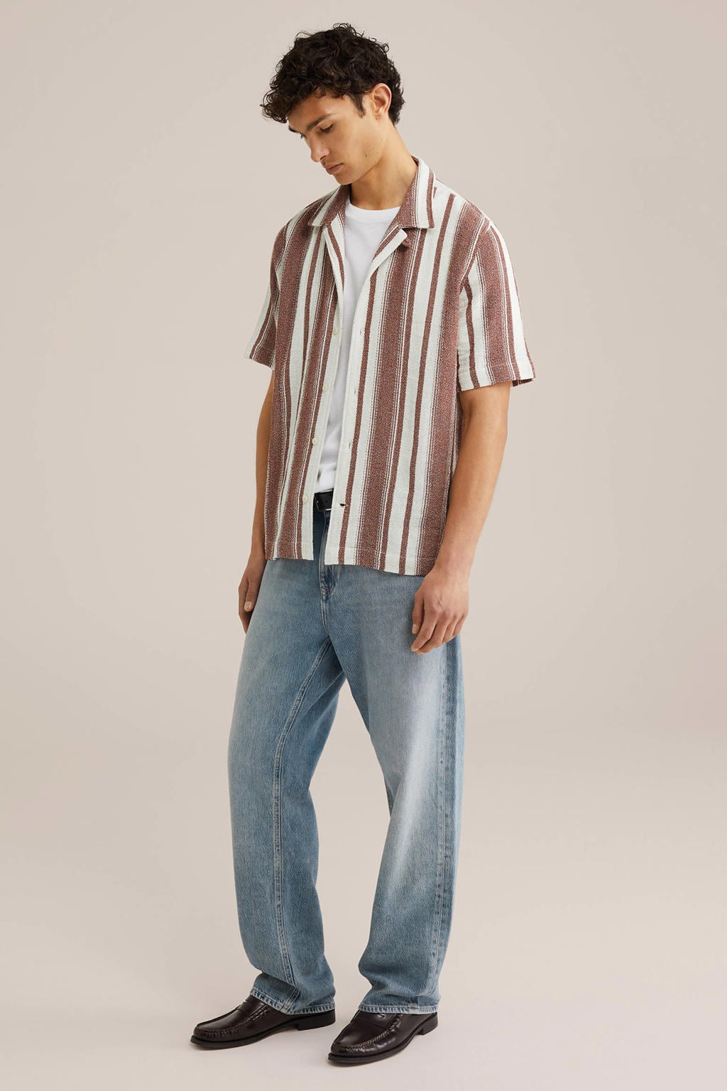 Brique heren WE Fashion comfort gestreepte casual overhemd van katoen met korte mouwen, reverskraag en knoopsluiting