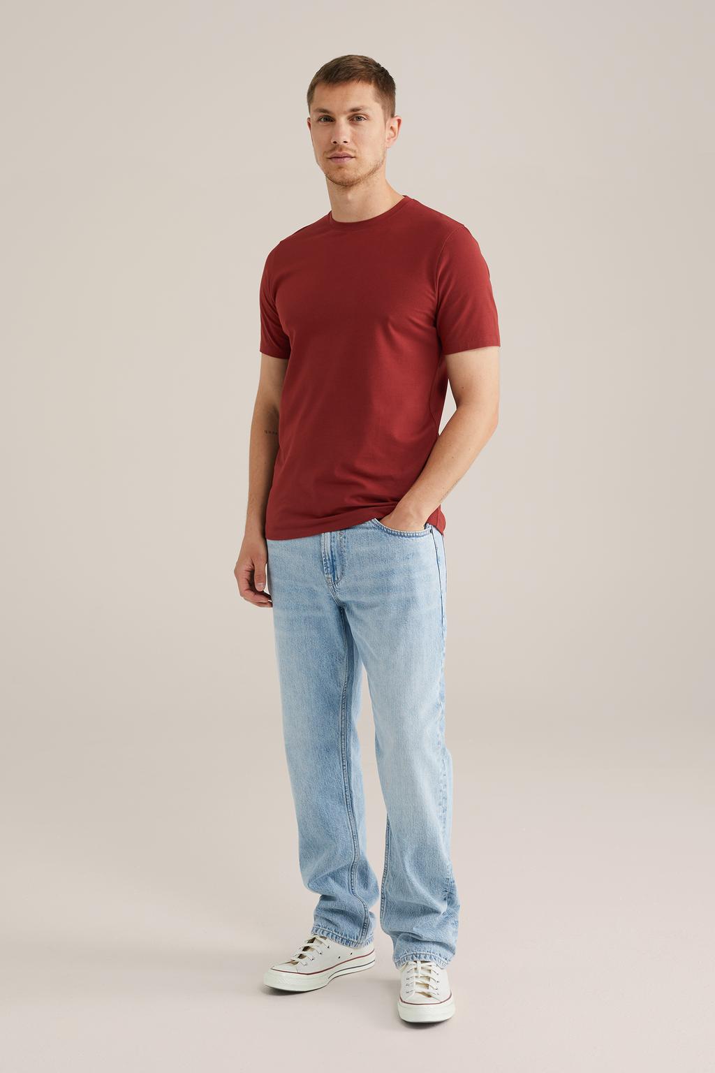 Rode heren WE Fashion slim T-shirt van stretchkatoen met effen, korte mouwen en ronde hals