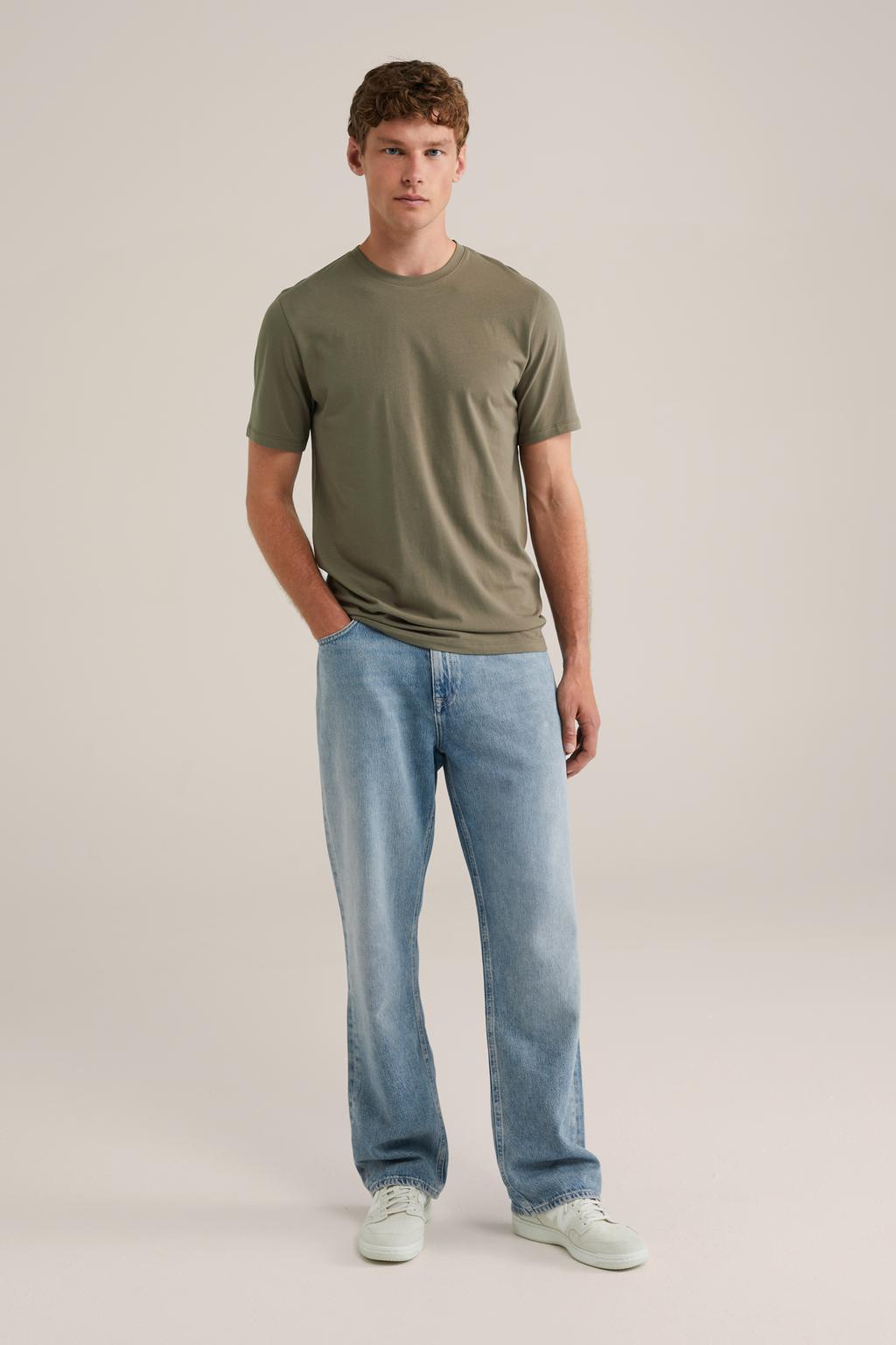 Olijfgroene heren WE Fashion slim T-shirt van stretchkatoen met effen, korte mouwen en ronde hals