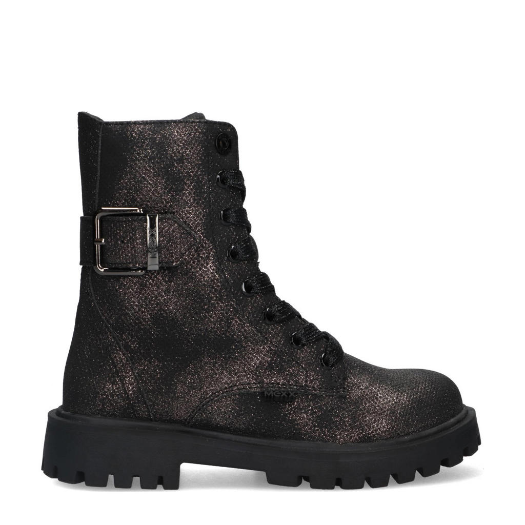 Zwarte meisjes Mexx Star Super veterboots van imitatieleer met rits- en vetersluiting