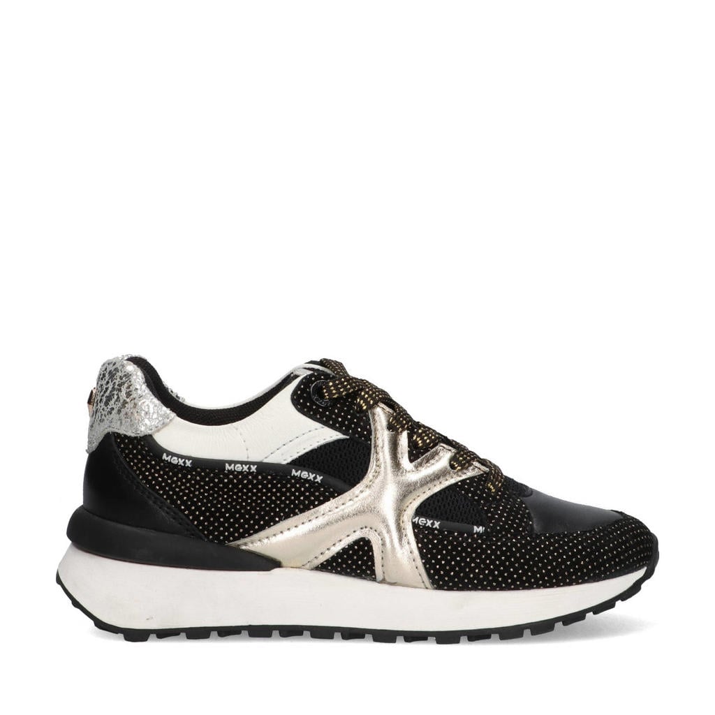 Zwart en gouden meisjes Mexx leren sneakers met veters