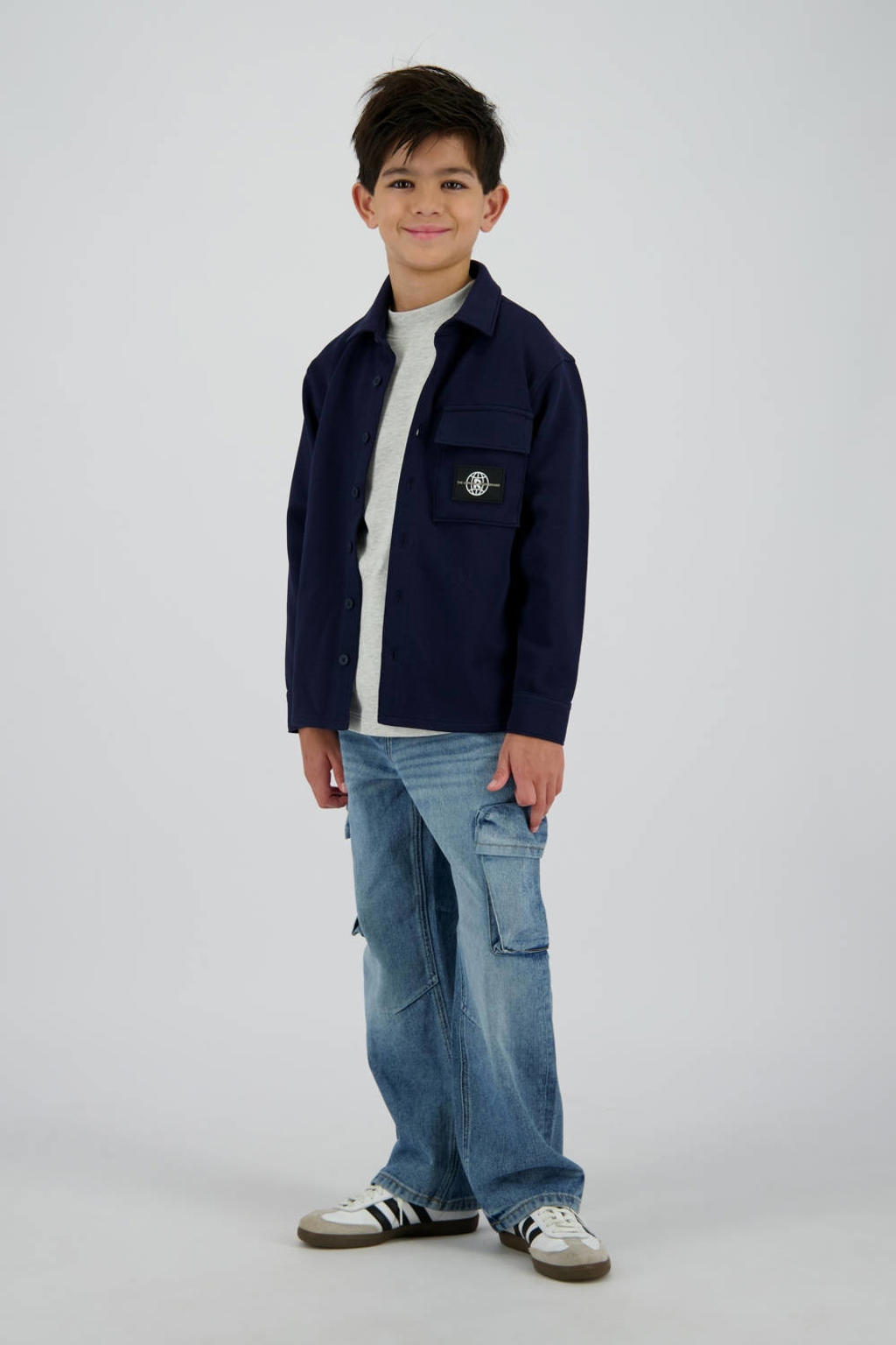 Donkerblauwe jongens Raizzed overshirt van katoen met effen, lange mouwen, klassieke kraag en knoopsluiting