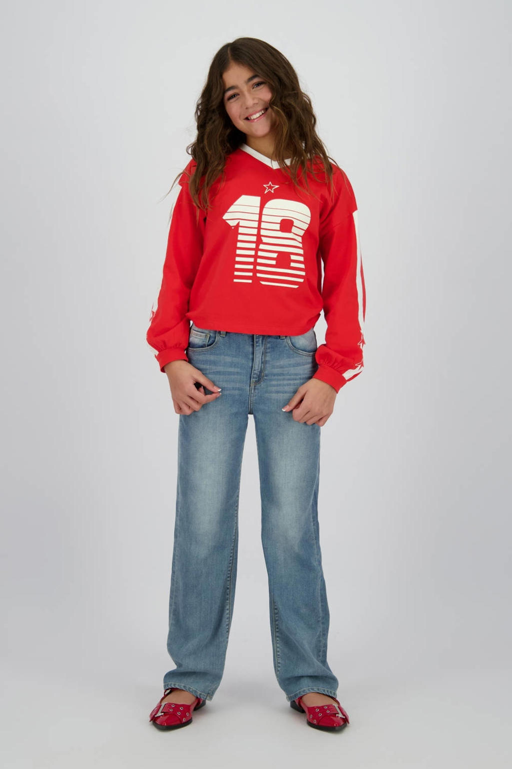 Rood en witte meisjes Raizzed longsleeve van katoen met printopdruk, lange mouwen en V-hals