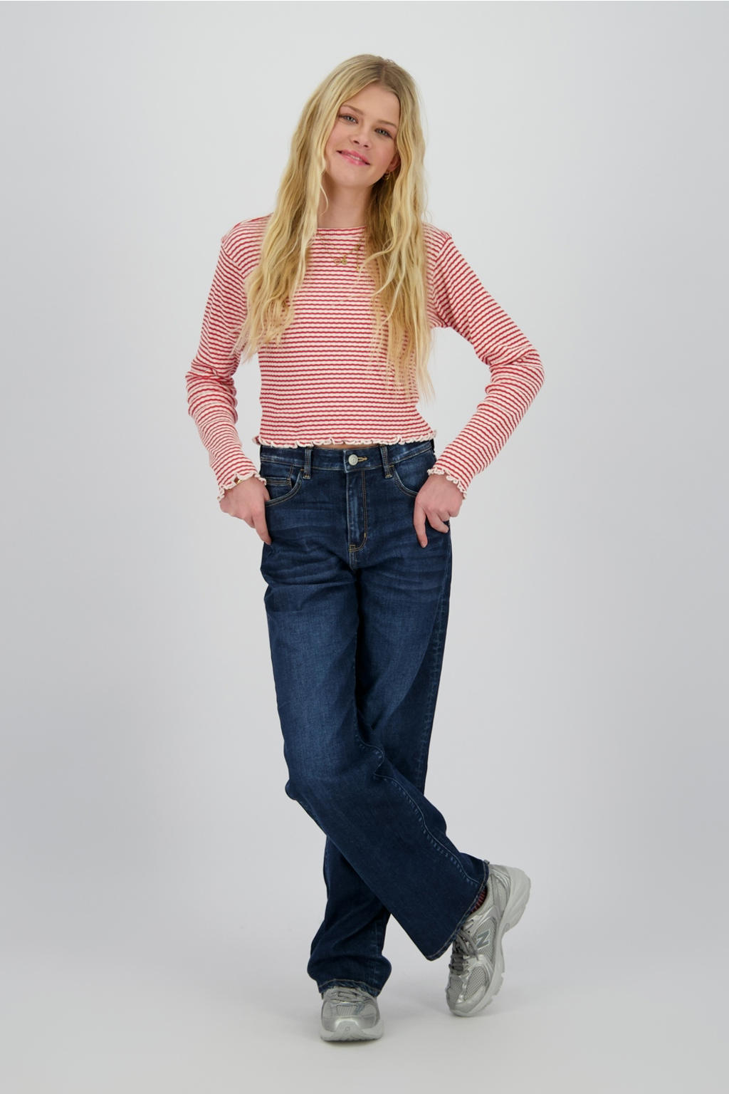 Rood en witte meisjes Raizzed longsleeve van katoen met strepenprint, lange mouwen, ronde hals en textuur