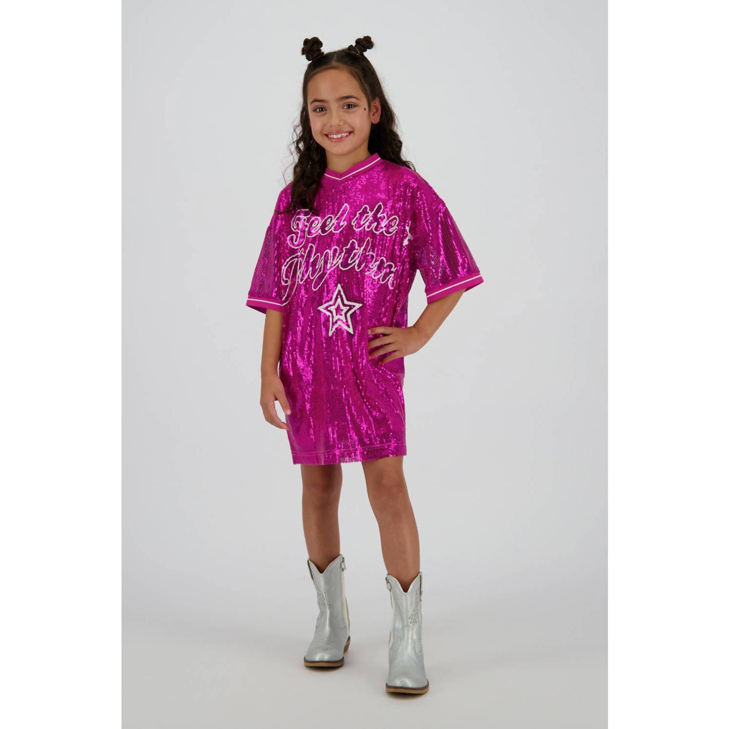 Vingino t-shirtjurk met pailletten fuchsia