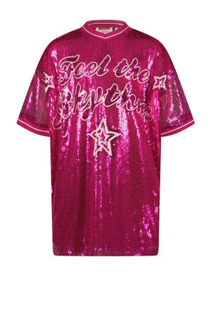 t-shirtjurk met pailletten fuchsia