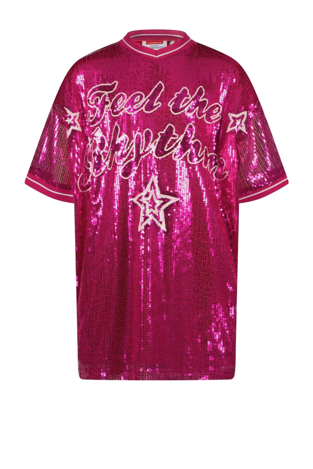 Fuchsia meisjes Vingino t-shirtjurk van polyester met tekst print, korte mouwen, V-hals en pailletten