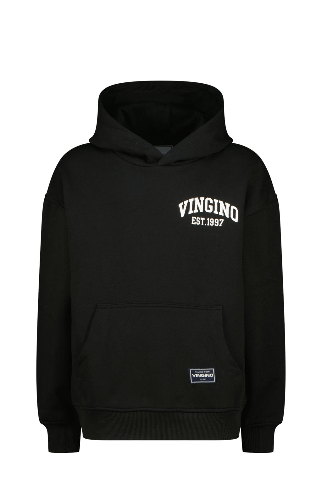 Zwarte jongens Vingino hoodie van sweat materiaal met logo dessin, lange mouwen en capuchon