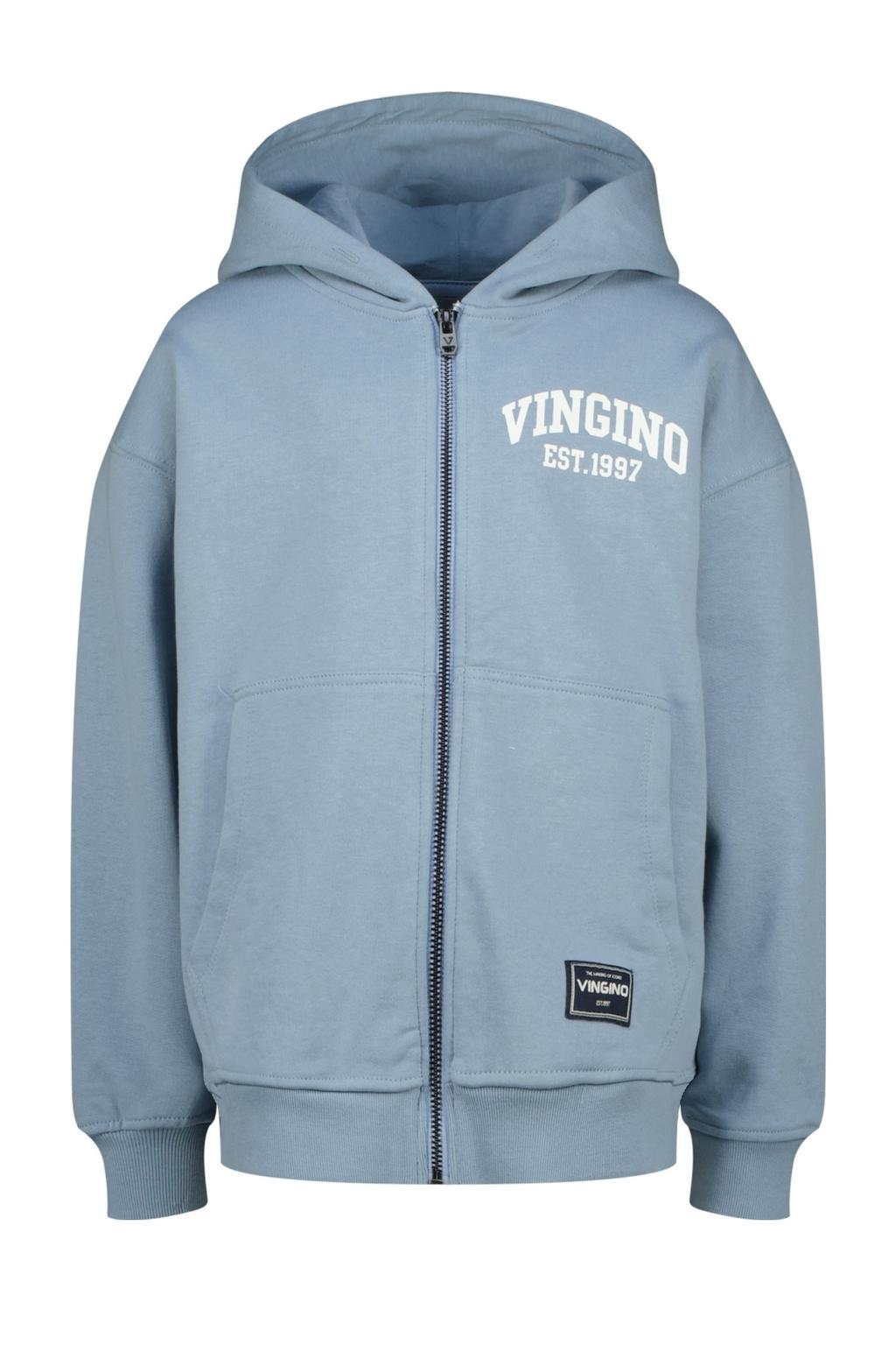 Lichtblauwe jongens Vingino sweatvest met logo dessin, lange mouwen, capuchon en ritssluiting