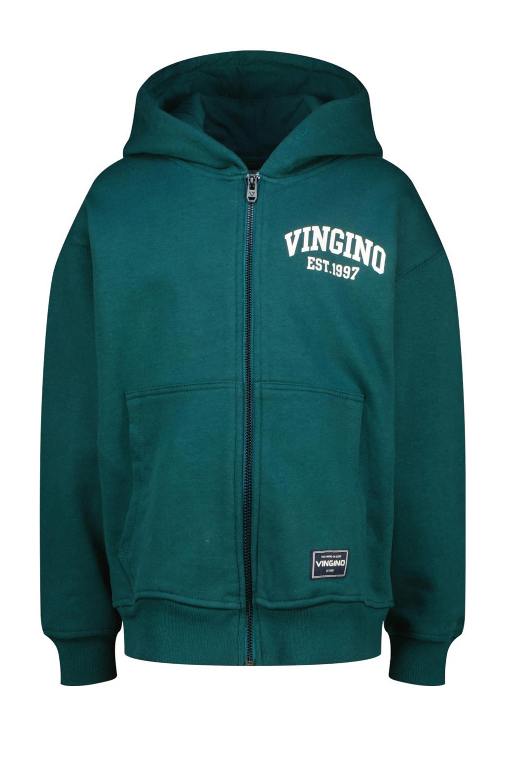 Donkergroene jongens Vingino sweatvest met logo dessin, lange mouwen, capuchon en ritssluiting