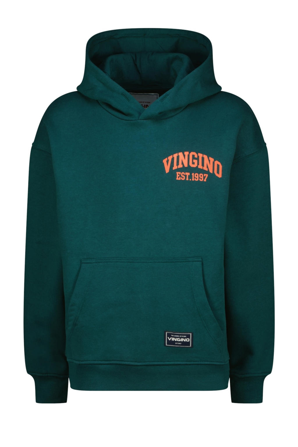 Donkergroene jongens Vingino hoodie van sweat materiaal met logo dessin, lange mouwen en capuchon