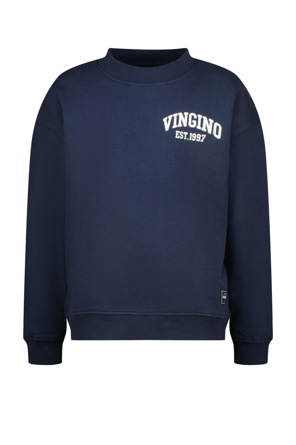 Donkerblauwe jongens Vingino sweater met logo dessin, lange mouwen en ronde hals
