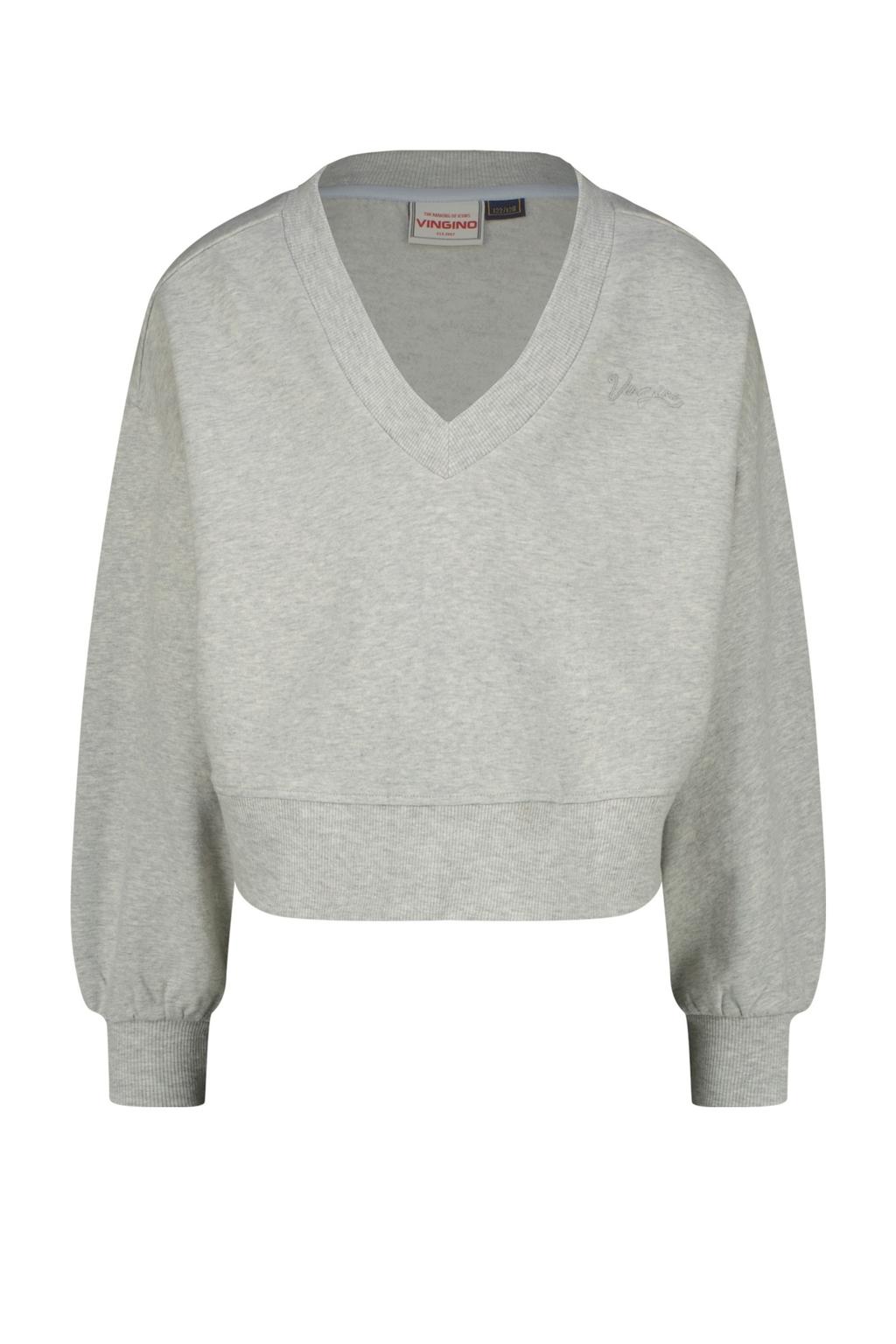 Grijze meisjes Vingino sweater van stretchkatoen met effen, lange mouwen, V-hals en geribde boorden