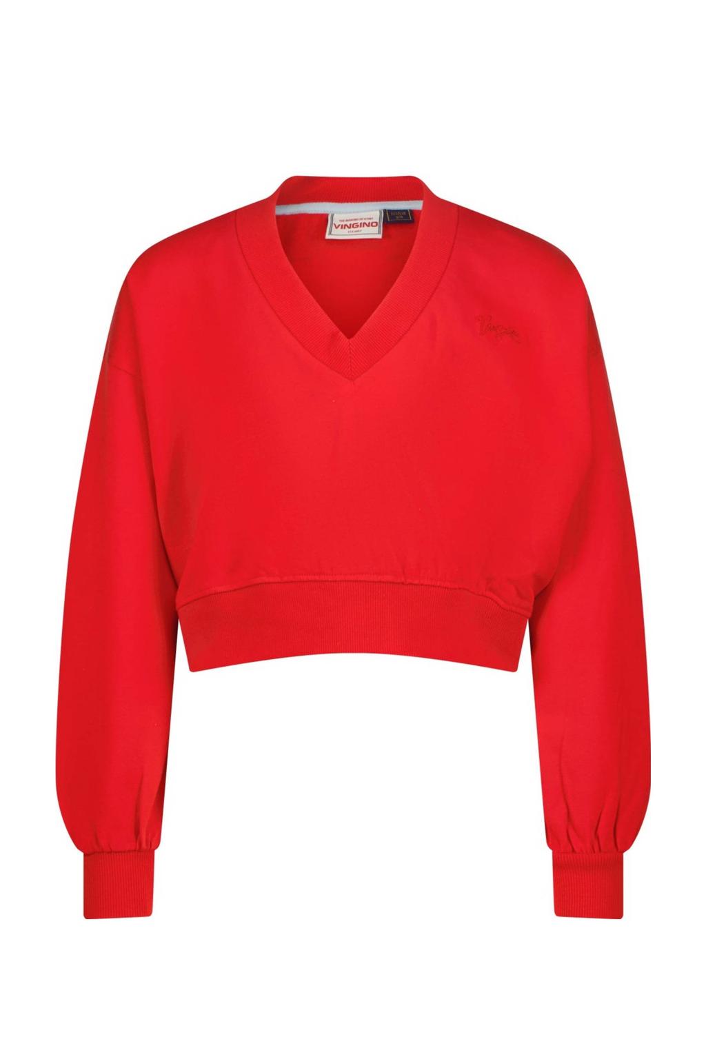Rode meisjes Vingino sweater van stretchkatoen met effen, lange mouwen, V-hals en geribde boorden