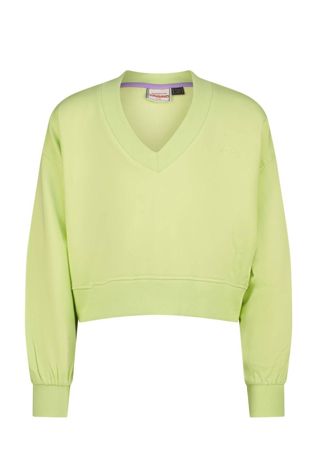 Gele meisjes Vingino sweater van stretchkatoen met effen, lange mouwen, V-hals en geribde boorden