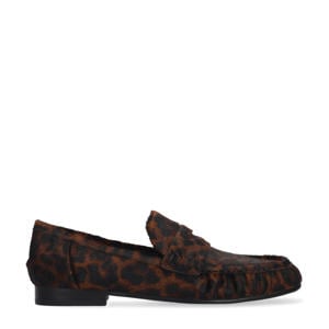 leren loafers met ponyhair en panterprint cognac/zwart