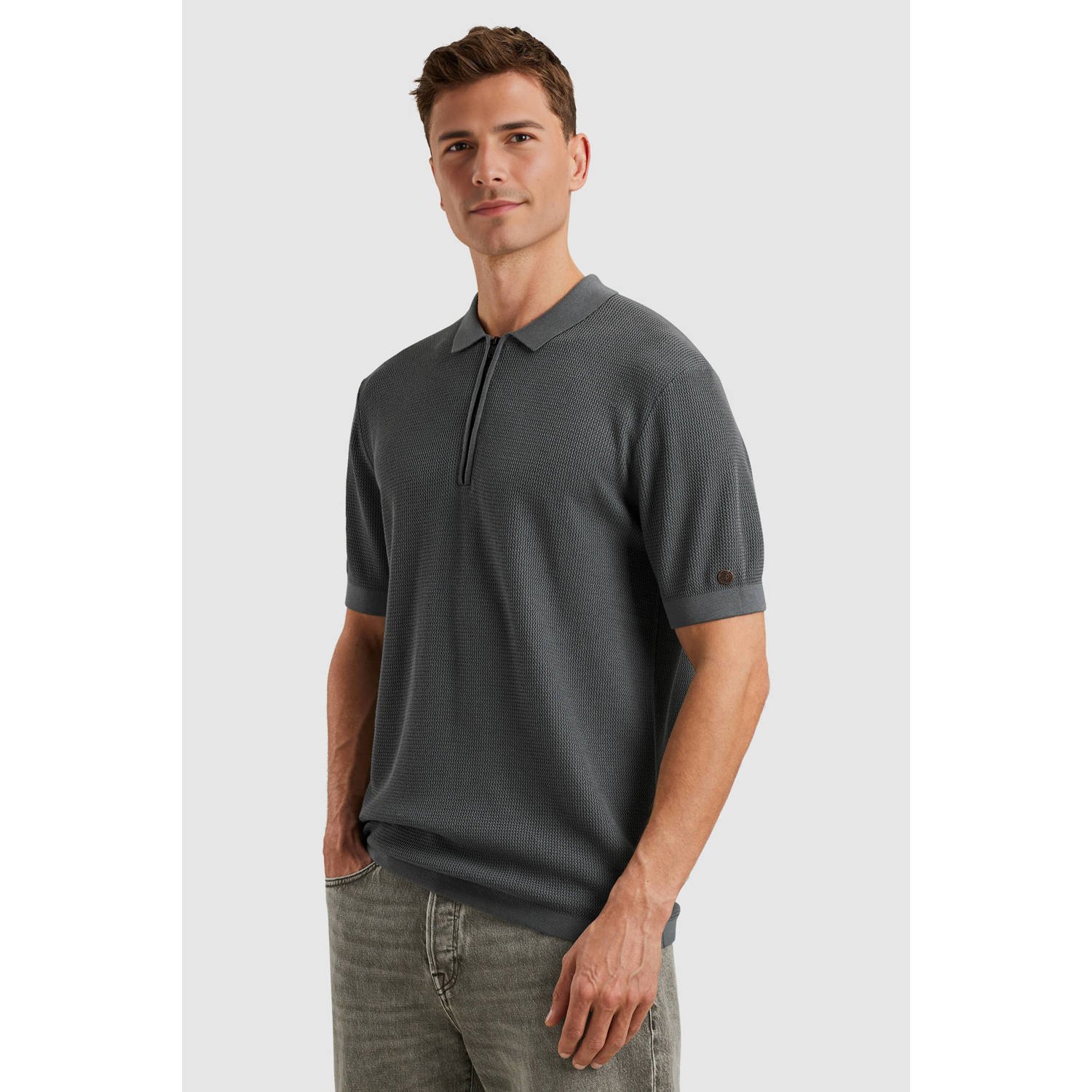 Cast Iron regular polo gebreid grijsblauw