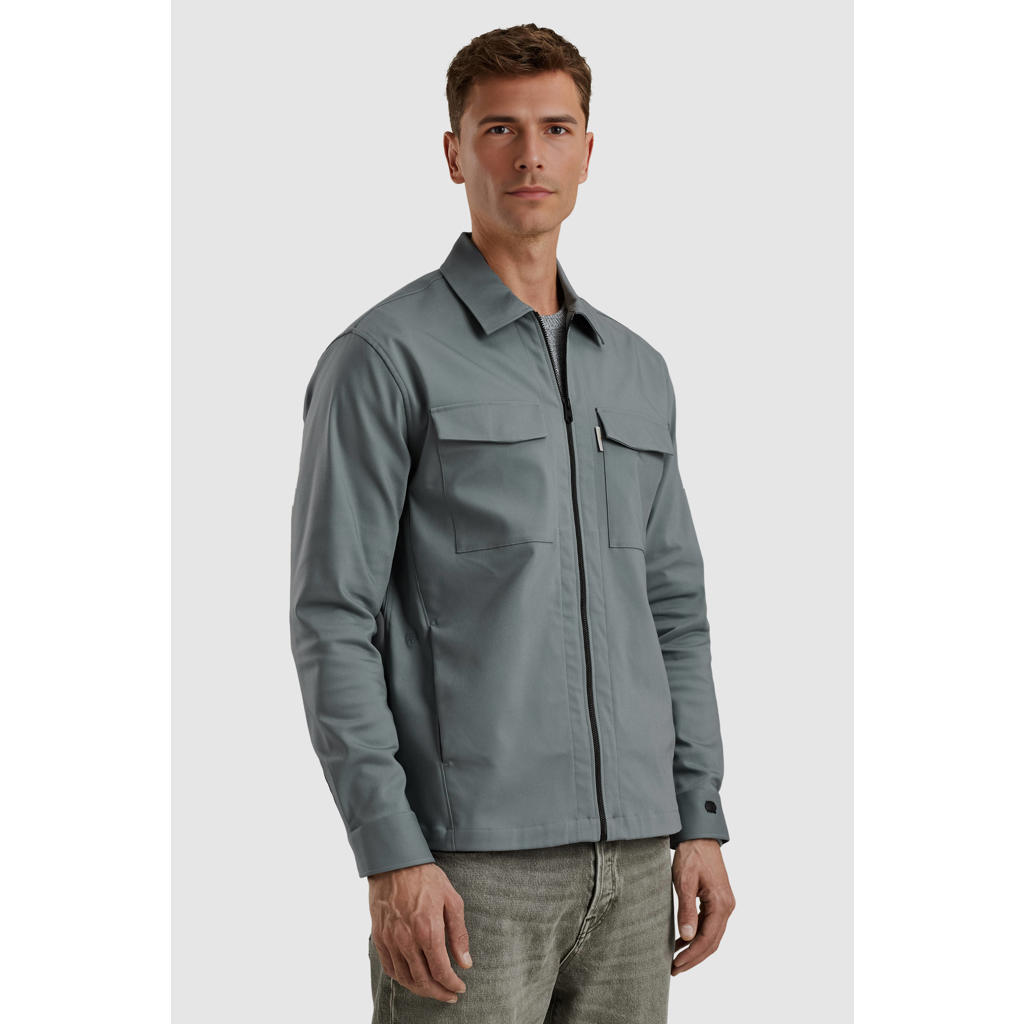Grijsblauwe heren Cast Iron overshirt blauw van katoen met effen, lange mouwen, klassieke kraag en ritssluiting