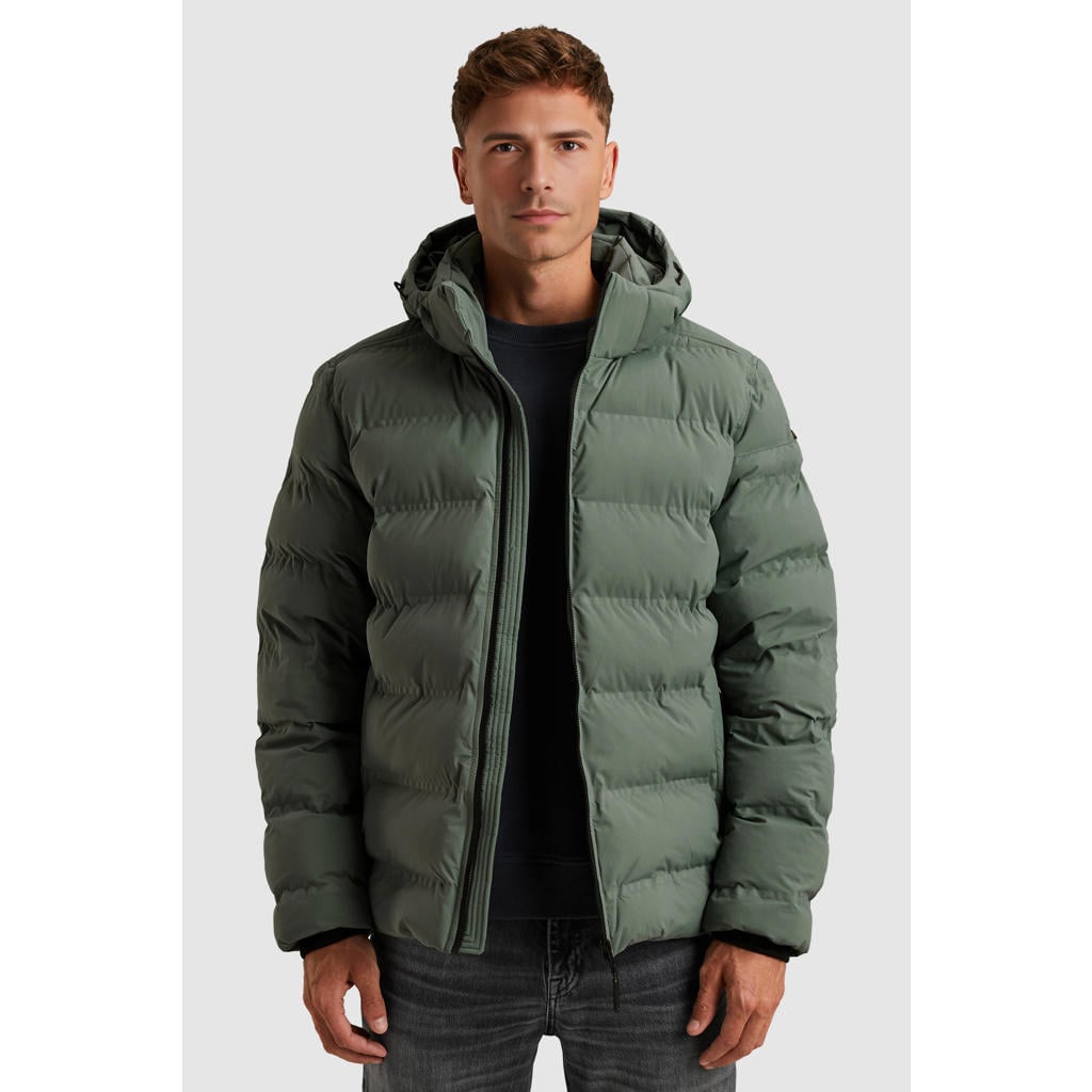 Groene heren Cast Iron gewatteerde jas van polyester met effen, lange mouwen en ritssluiting