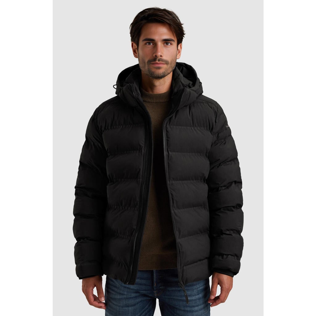 Zwarte heren Cast Iron gewatteerde jas van polyester met effen, lange mouwen en ritssluiting