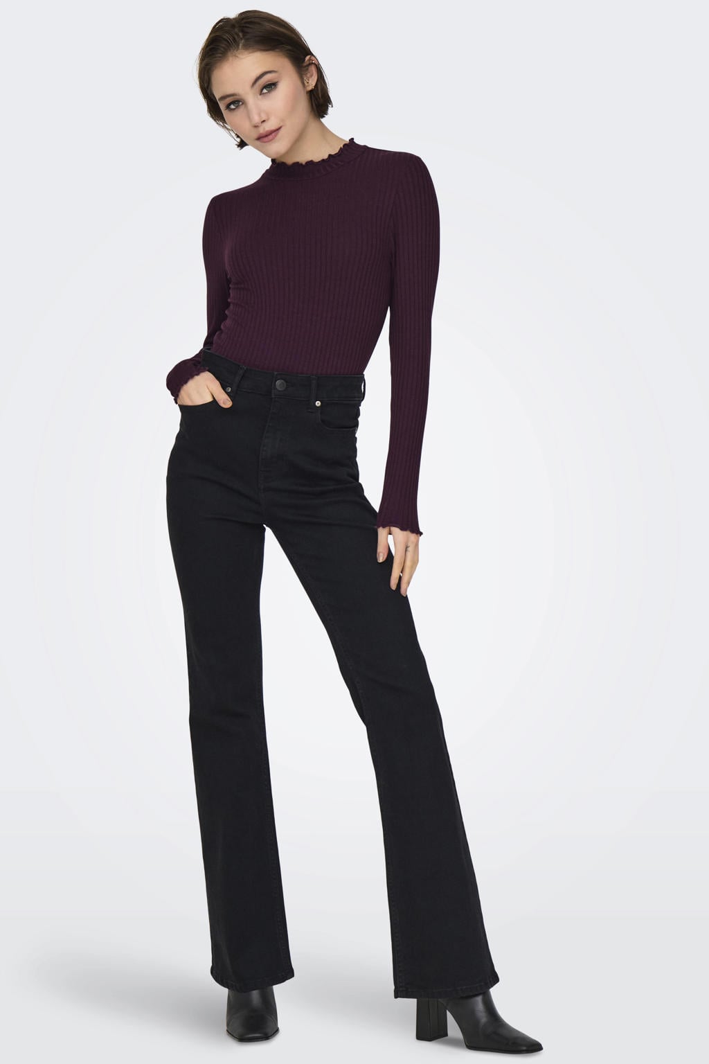 Donkerpaarse dames JDY trui rib gebreid van viscose met effen, lange mouwen en col
