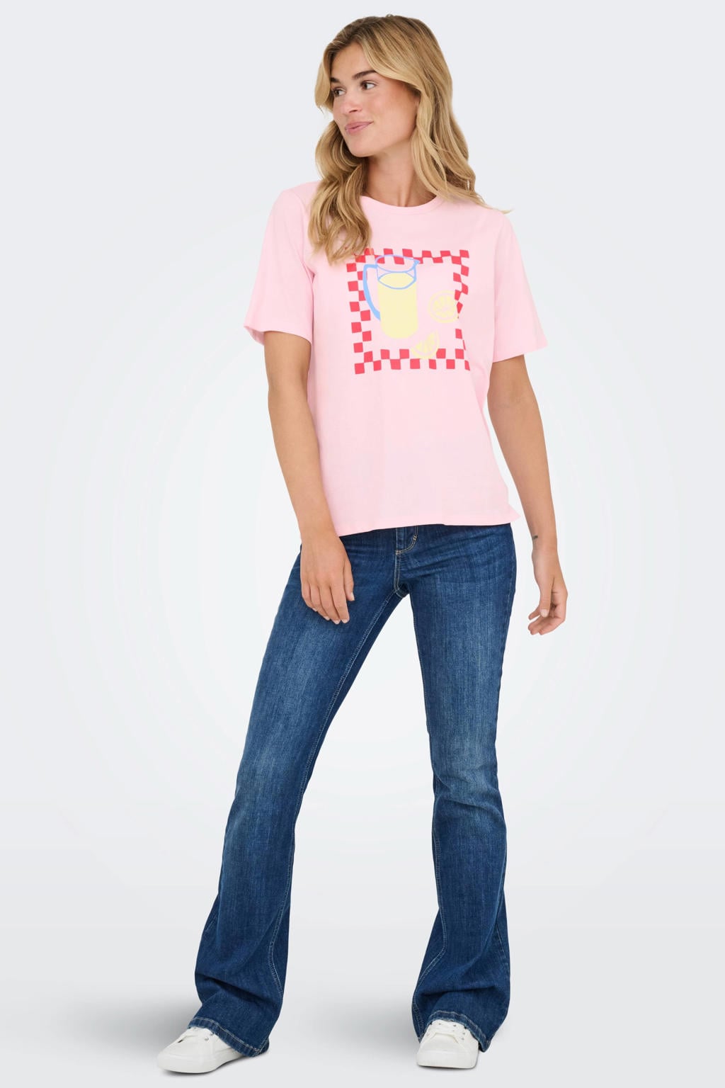 Lichtroze dames JDY T-shirt van katoen met printopdruk, korte mouwen en ronde hals