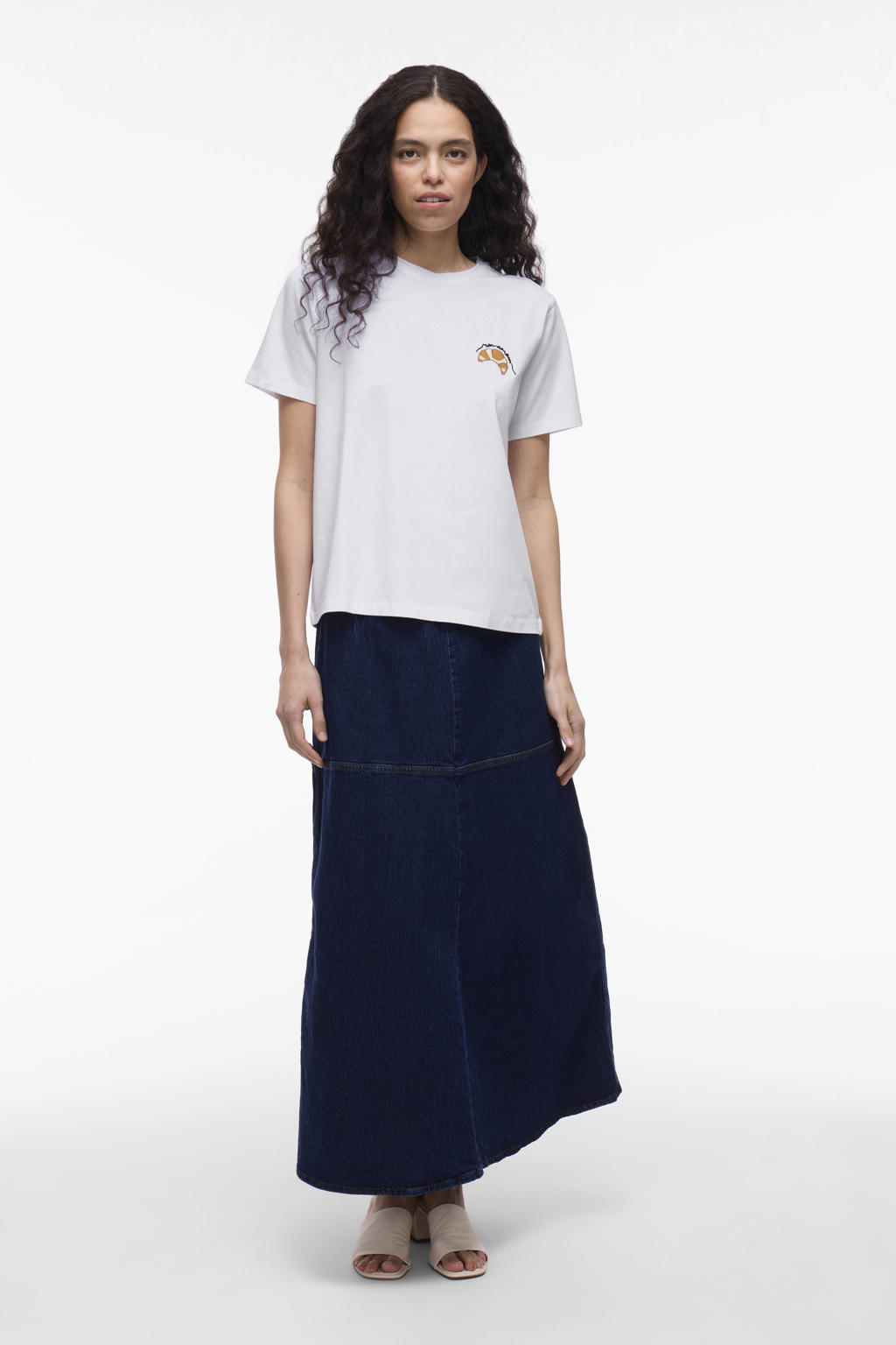 Witte dames VILA jersey T-shirt met effen, korte mouwen en ronde hals