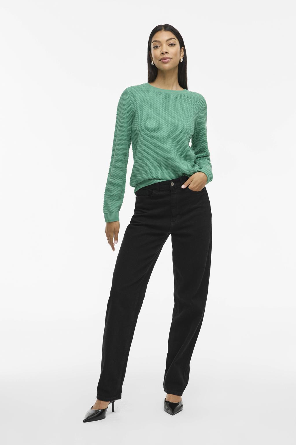 Groene dames VILA pullover gebreid van viscose met effen, lange mouwen en ronde hals