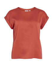 thumbnail: Roodbruine dames VILA satijnen blousetop bruin met effen, korte mouwen, ronde hals en glimmend detail