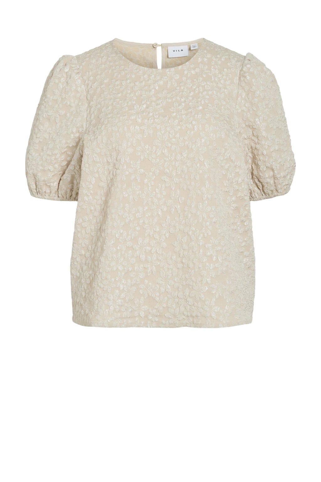 Zandkleurige dames VILA top van polyester met bloemenprint, half lange mouwen, ronde hals en textuur