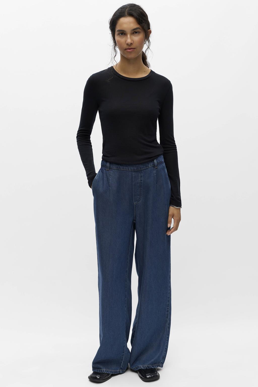 Dark blue denim dames OBJECT wide leg regular waist casual broek van lyocell met effen