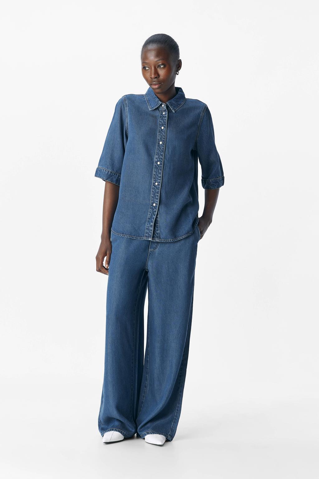 Dark blue denim dames OBJECT blouse van denim met effen, half lange mouwen, klassieke kraag, knoopsluiting en geweven detail